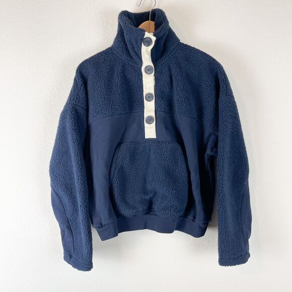 J. Crew Teddy Sherpa Sweatshirt Womens Small Navy Blue Button Front BK302 Preppy - Picture 1 of 14